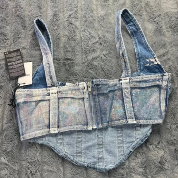 NWT Forever 21 Women's Denim Curved-Hem Top Metallic Stripes Bustier Size M - Picture 9 of 9